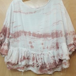 Boho White Pink Tie Die Raw Hem Crop Top